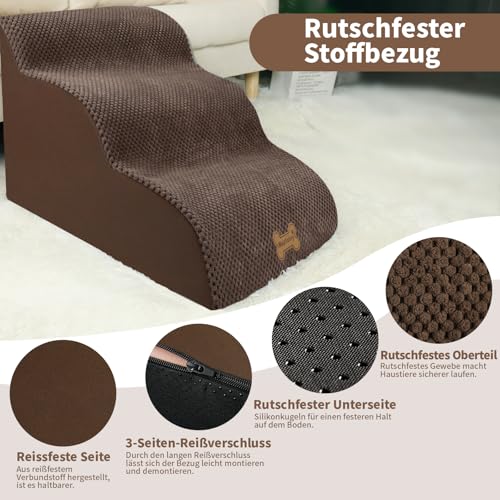 Nepfaivy Hundetreppe für Kleine Hunde 3-Stufig, Haustiertreppe für Bett und Sofa aus Hochdichtem Schwamm, Hunde Treppe Hunderampe mit Abnehmbarem, Waschbarem Bezug und Rutschfestem Boden, 60x40x40cm