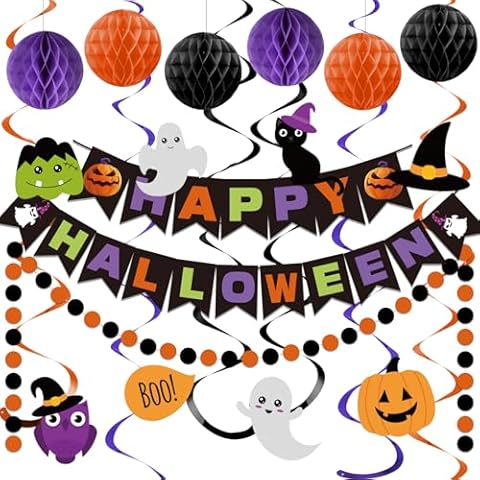 meowtastic Happy Halloween Banner Decorations - Halloween Banner with Honeycomb Ball, Halloween Hanging Swirl Streamer, Circle Dot Garland Decorations for Halloween theme Party Decorations Cover