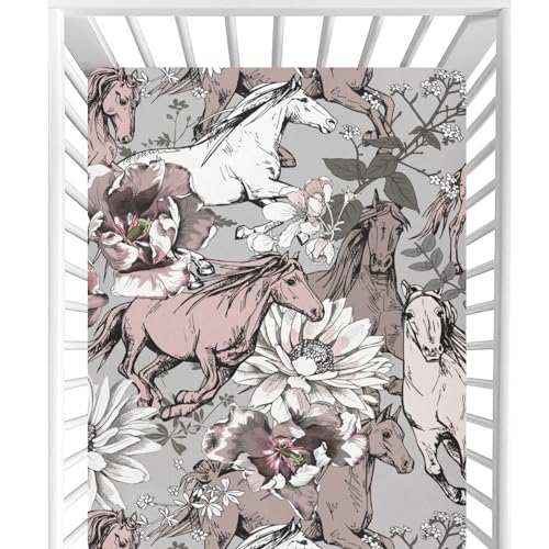 Image of CaTaKu Horse Flower Baby Girls Fitted Crib Sheets for Mini Mattress Infant Newborn Nursery Bed Toddler Sheets Horse Flower 27"x 39"