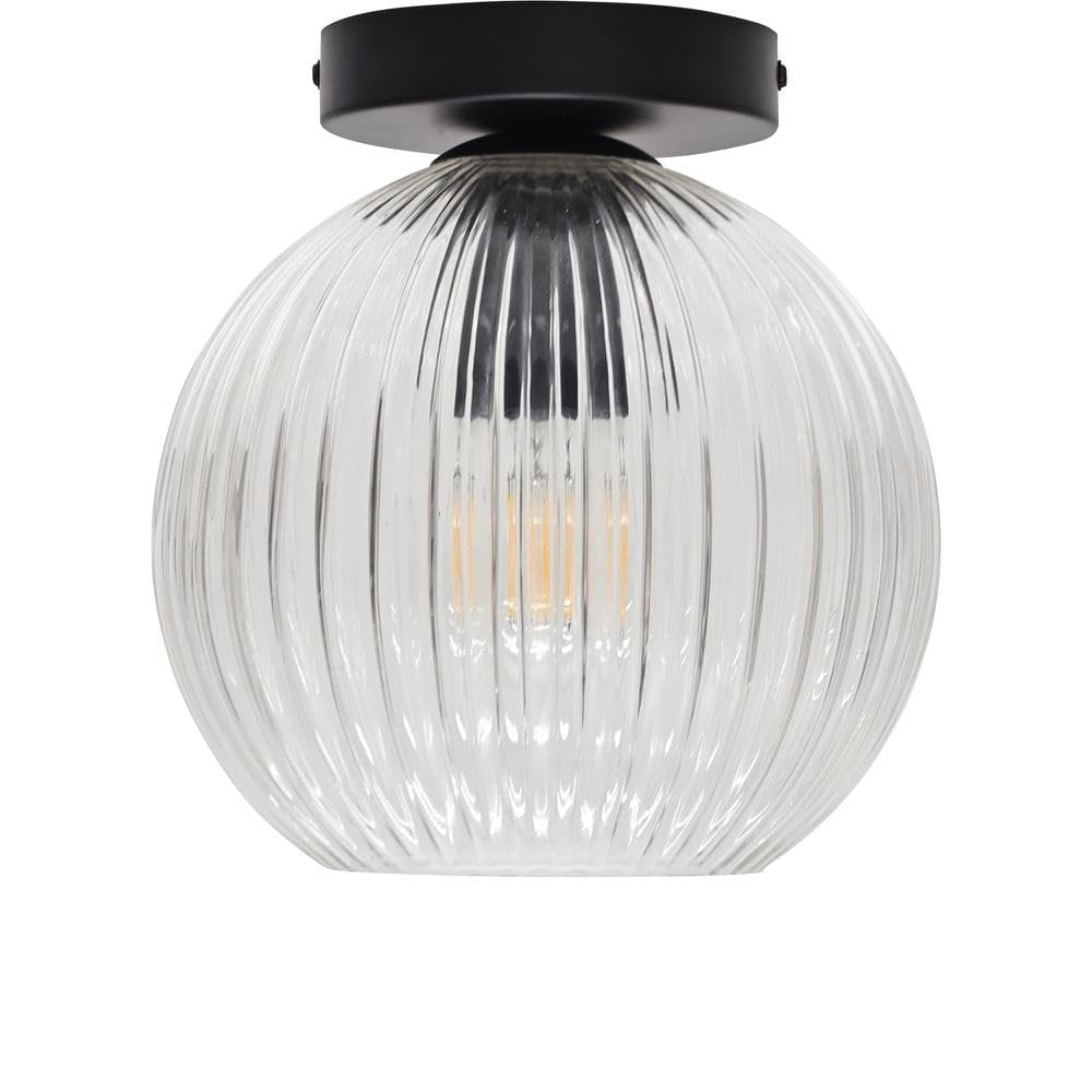 Firstchoicelighting Black & Clear Ribbed Glass Globe Ceiling Light Flush Fitting With Black Detail, Modern Low Ceiling Lighting