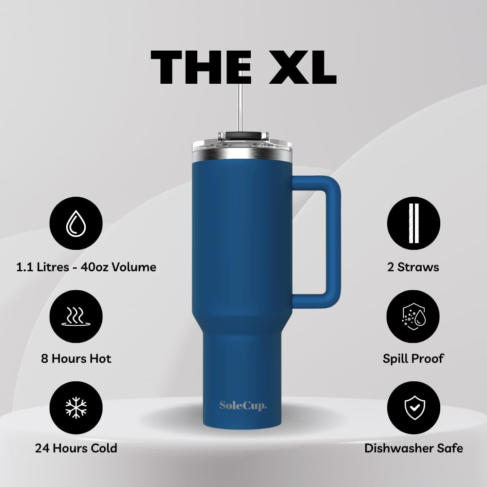 SoleCup. 40oz Travel Mug with Handle, Lid and Two Straws, Drinks Stay Hot for 8 Hours, Cold for 24 Hours - Image 3