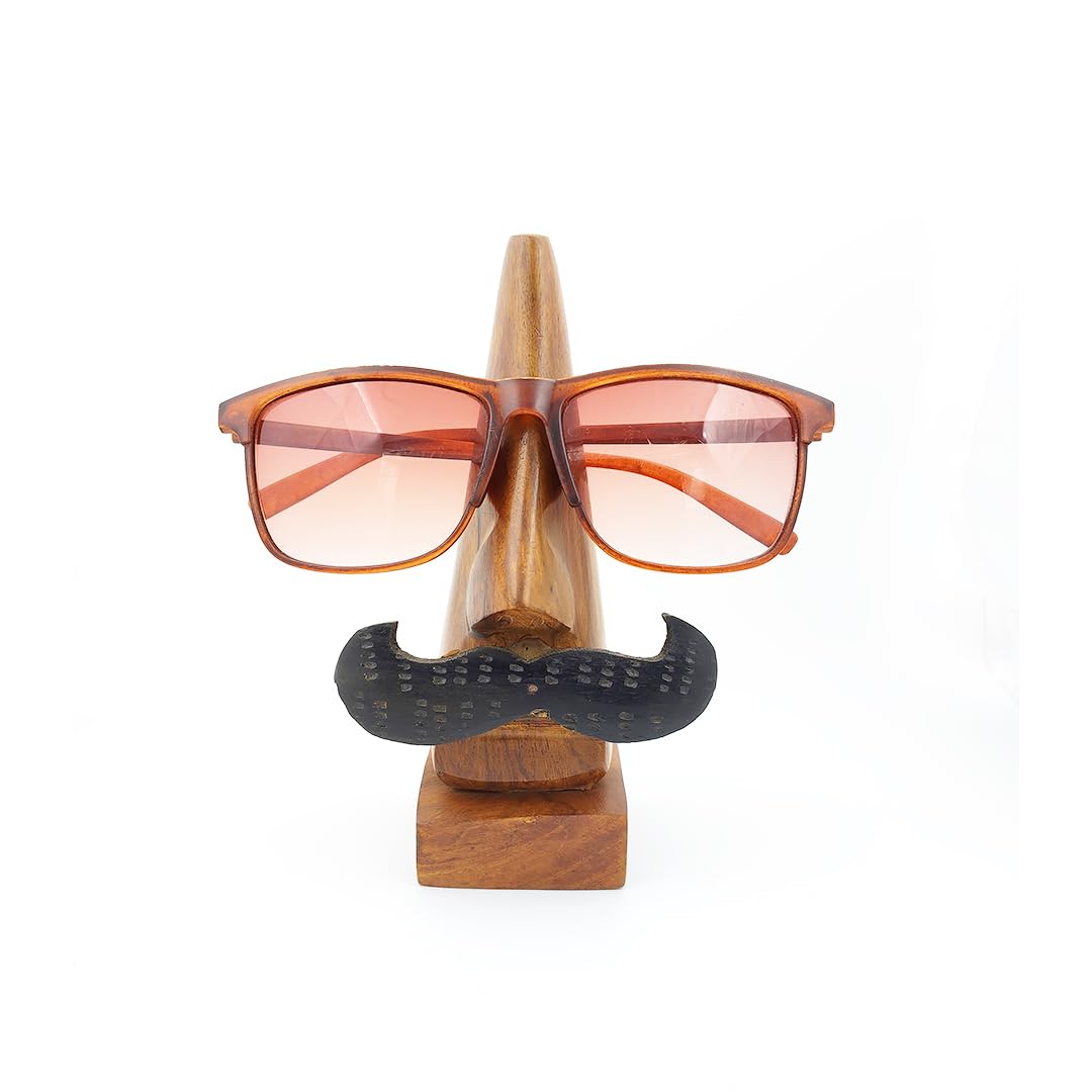 Shri Adishakti Wooden Nose Shaped Eyeglass Holder Stand with Moustache Design, Display Stand for Spectacles and Sunglasses, Set of 2 1