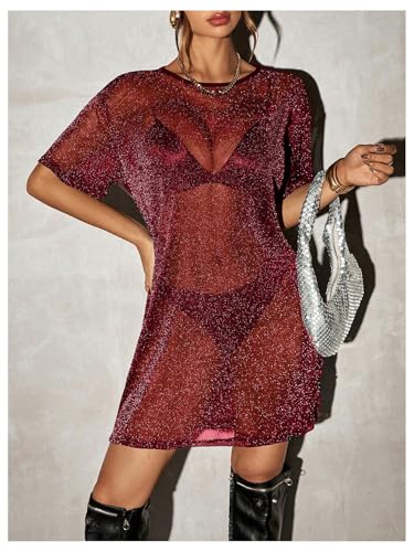 Image of Floerns Women's Glitter Sparkly Short Sleeve Sexy Party Dress Sheer Mesh Loose Club Rave Concert Festival Short Dress