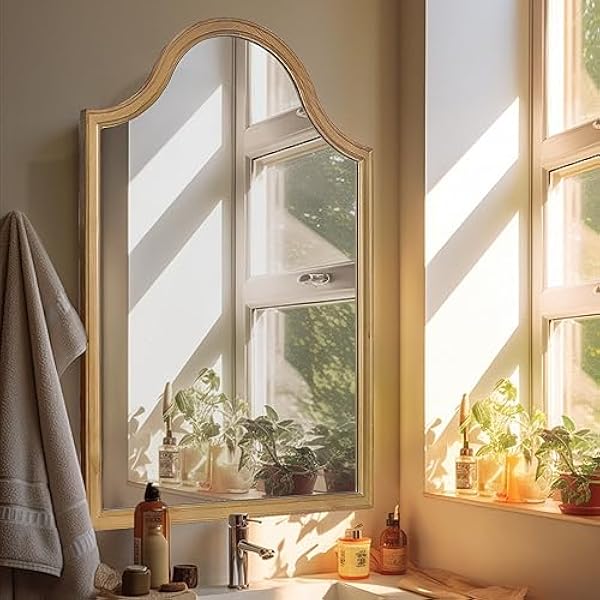 Wallbeyond Houten gebogen gebogen bovenwand spiegel voor decor, 60 x 91 cm, rustiek bruin, vintage spiegel voor muur stijl muur spiegel