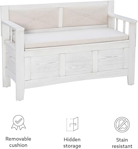 Miniatura 18 de Linon Carlton - Banco de almacenamiento blanco con respaldo tapizado beige y asiento acolchado, gris ahumado