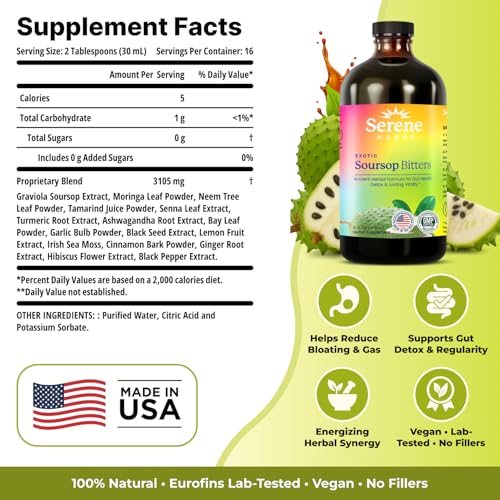 Image of Serene Herbs Soursop Bitters Liquid with Soursop Leaves for Gut Cleanse, Detox & Immune Boost with Black Seed, Moringa, Irish Moss, Ashwaganda, Turmeric, 16 fl oz (16 Fl, Soursop)