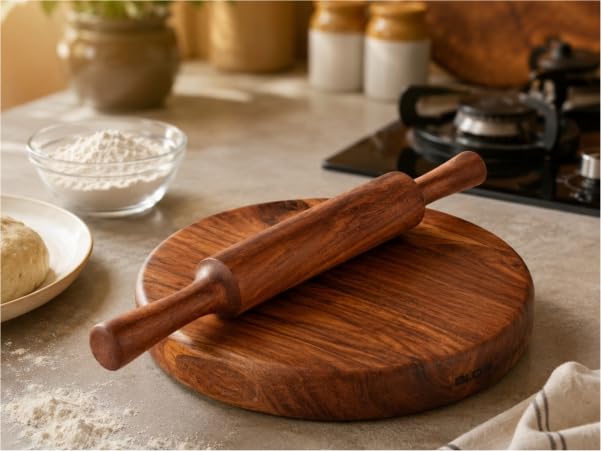 Image of Alda Acacia Wood Chakla Belan Set 10 Inch | Wooden Roti Rolling Board & Belan | Rolling Pin Set for Chapati, Paratha, Puri, Pizza & Baking Dough | Durable Kitchen Essential