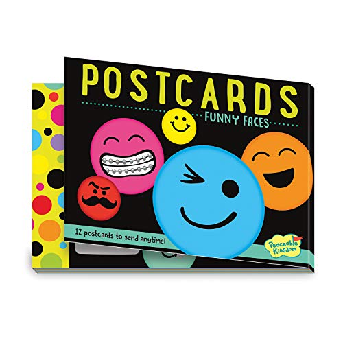 Peaceable Kingdom 12 Postcard Booklet for kids – Funny Faces Theme - 3 each of 4 designs – Send love with smiles & goofy-face postcard styles for boys & girls – Great for summer camp