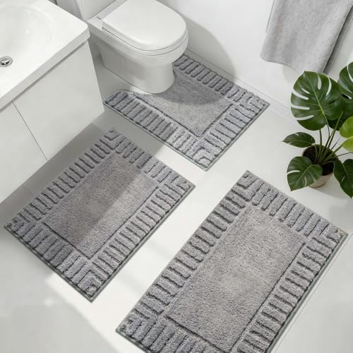 Famibay Tapis De Bain Ensemble De 3 Pièces Antiderapant Tapis Lavable en Machine Gris Absorbant Moelleux pour De Salle De Bain WC Toilette
