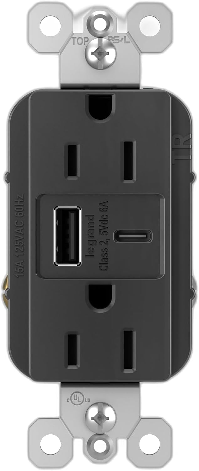 Legrand radiant 15 Amp Decorator Wall Outlet with 6.0 Amp USB Charger, Ultra Fast Charge, Multi Port, Black, USB-AC, R26USBAC6BK