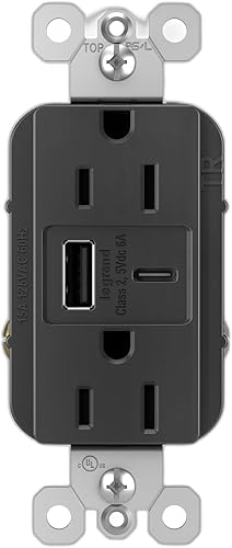 Legrand radiant R26USBAC6BK receptáculo de salida de doble decorador resistente a manipulaciones de 15 Amp con puertos de carga USB AC de ultra