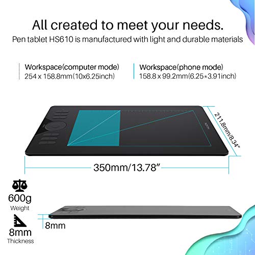 Image of HUION HS610 10x6.25 inch Drawing Tablet 8192 Pen Pressure | Battery-Free Stylus, Tilt, 12 Express Keys, Touch Strip, Work with Windows /Mac /Android, Graphic Tablet for Animation, Design