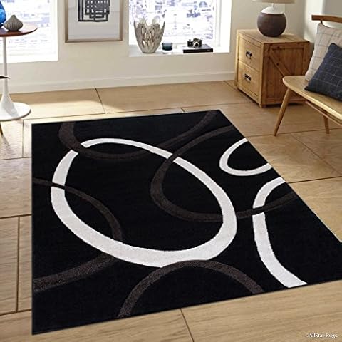 Allstar 8x11 Black Modern and Contemporary Hand Carved Rectangular Accent Rug with Ivory and Espresso Abstract Interlocking Ring Design (7' 1" x 10' 5") Cover
