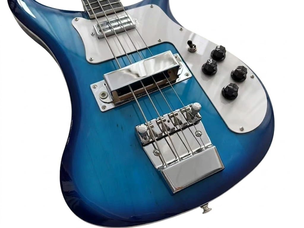 Basso elettrico a corpo solido, stile tributo classico blu con doppi pickup, 4 corde a grandezza naturale for performance sul palco rock (Bajo Eléctrico)