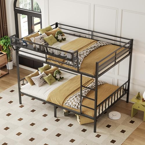 Image of Queen Over Queen Metal Bunk Bed with Storage Shelf & USB Charging | Open Storage Shelf,2 AC Outlets,2 USB Ports,Full-Length Guardrail for Boys&Girls,Noise-Free & Stable,No Box Spring Needed