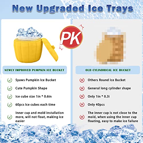 Syaws Ice Cube Tray, Silicone Pumpkin Ice Cube Maker Mold For Freezer, Mini Ice Bucket With Container Making 60Pcs Ice Cube For Cooling Cocktails, Whiskey, Coffee And Coke Yellow #TOP4