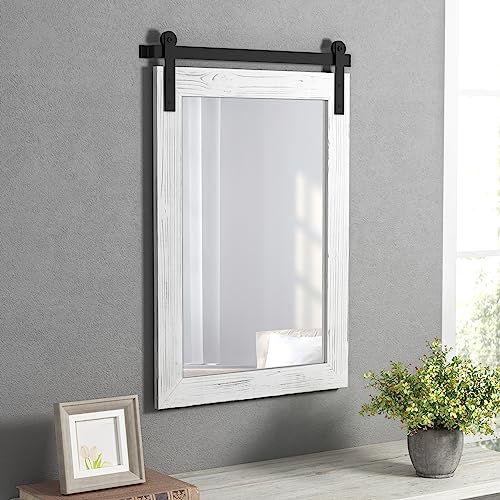 Image of COGOOD Farmhouse Bathroom Mirror - 42 x 29 Rustic Barn Door Style Mirror for Living Room, Entryway, Vanity Wall Decor (White)