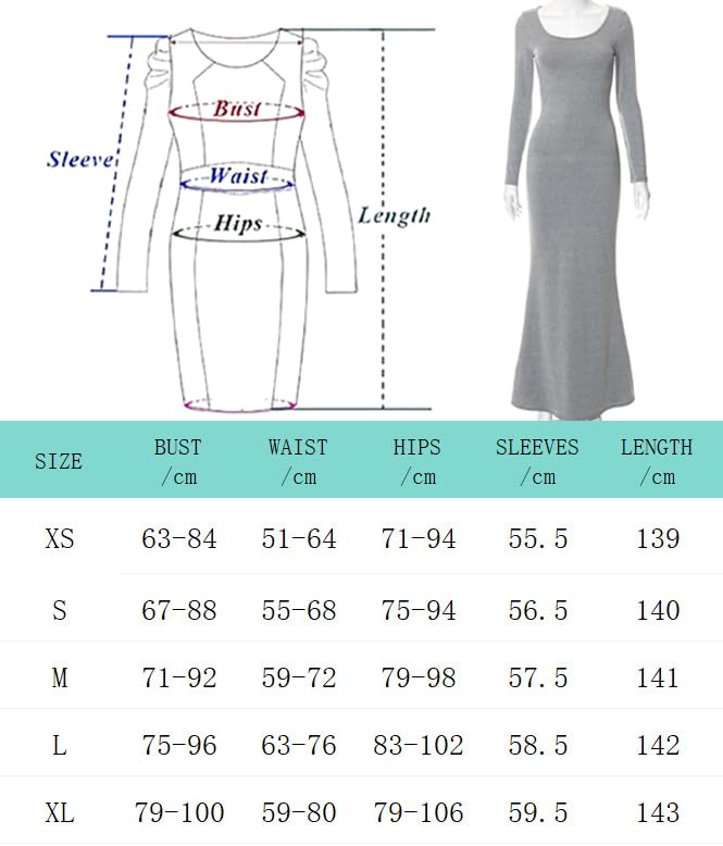 Vestito Donna Maniche Lunghe Aderente Abito Lungo con Scollo Quadrato Sexy Tinta Unita Maxi Bodycon Vestito Elasticizzato Abito da Cocktai per Feste e Cerimonie Discoteca
