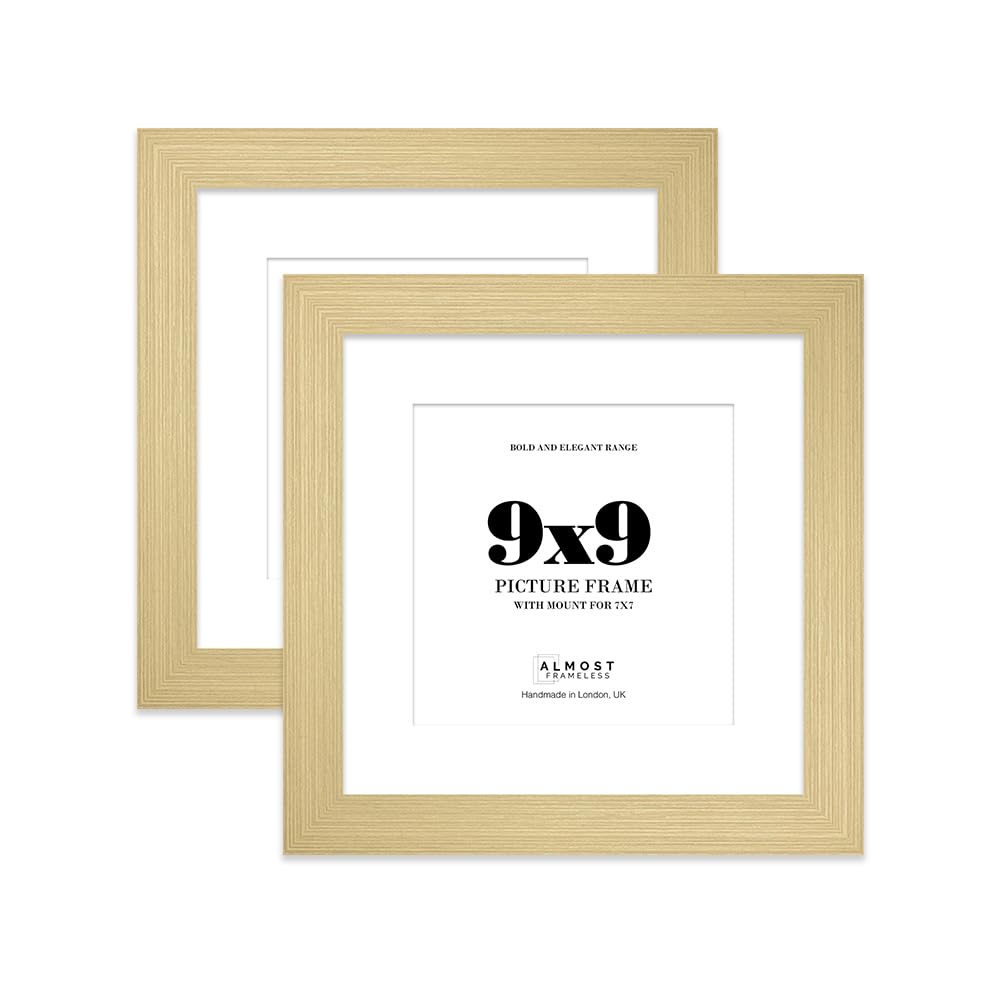 9x9" Gold Square Frame With Mount for 7x7" Pictures 28mm Edge Frame Display with Wall Hooks and Kickstand, 2 Pack