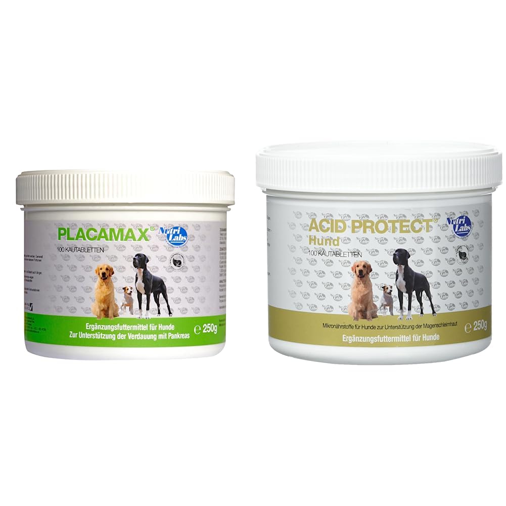 NutriLabs Placamax Hund Kautabletten zur Unterstützung der Verdauung von Hunden mit Pankreasenzymen und Ananaspulver & Acid Protect Hund Magenkräuter Kautabletten zur Unterstützung