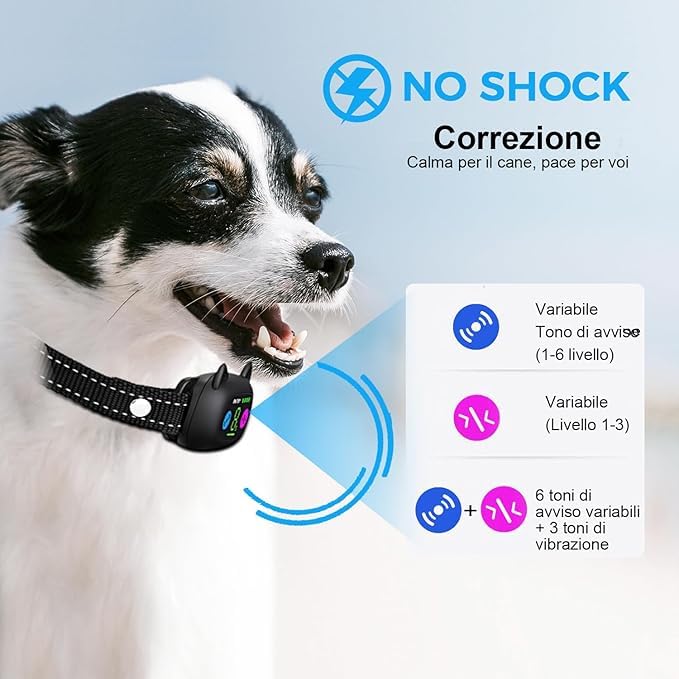 Collare Antiabbaio, con Modalità di Vibrazione e Segnale Acustico, per Cani di Piccola, Media e Grande Taglia 2.5-55kg Ricaricabile