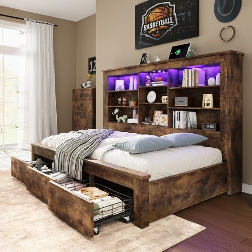 Jocisland Twin Bed Frame with Storage Drawers, Bookcase Headboard, USB