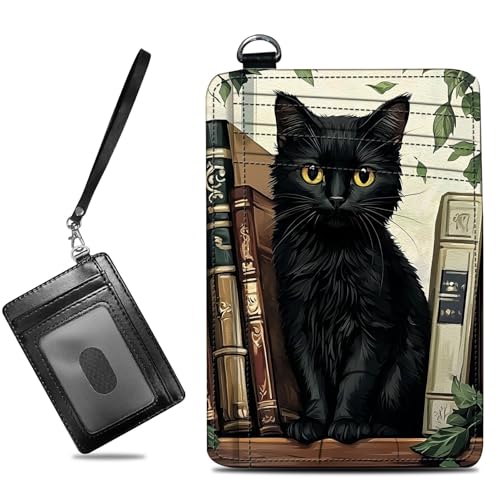 Image of Small Travel Wallets, Black Cat Books Slim Minimalist Front Pocket Wallet with Wristlet, RFID Blocking PU Leather Credit Card Holder with ID Window Change Purse for Men Women