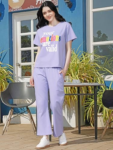 Image of ZEYO Night Suit for Women's Typography Printed Cotton Night Dress of Top and Wide Bottom Pyjama