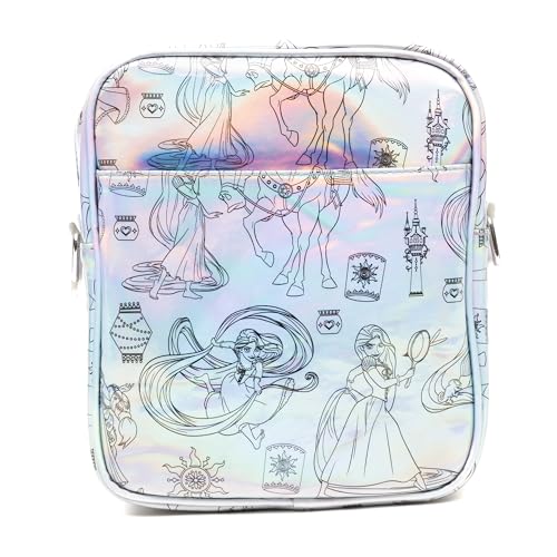 Disney Vegan Leather Crossbody Backpack with Adjustable Strap, Tangled Rapunzel Poses Iridescent Holographic3