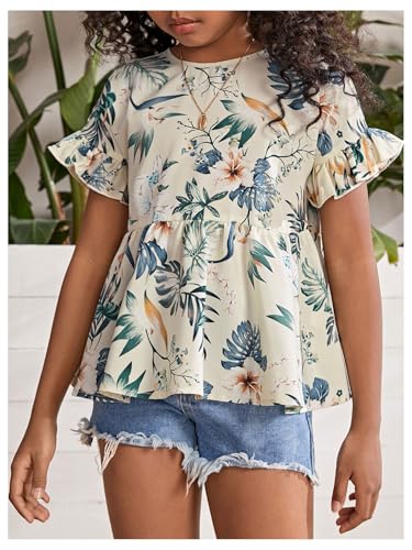 OYOANGLE Girl's Boho Floral Print Flounce Short Sleeve Ruffle Peplum Blouse Cute Babydoll Tops3
