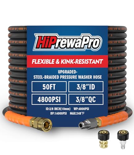 HiPrewaPro 3/8 ID Pressure Washer Hose 50 ft 4800 PSI Steel-Braided & Durable - Flexible & Kink-Resistant Power Washer Hose with Swivel Quick Connect & M22-14mm Adapter Hot/Cold Water Compatible