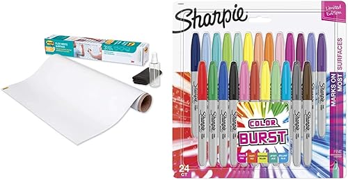 Post-it Flex Write Surface, 3 x 2 pies, el marcador permanente de superficie de pizarra blanca (FWS3X2) Sharpie Color Burst Marcadores, punta fina,