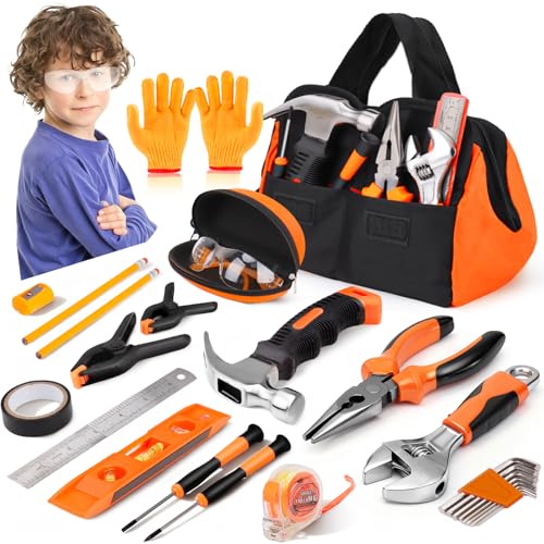27-Piece Orange Kids Tool Set with Tool Storage Bag, Real Hand Tool Kit for Boys & Girls, Child Learning Tools for Building, Woodworking and...