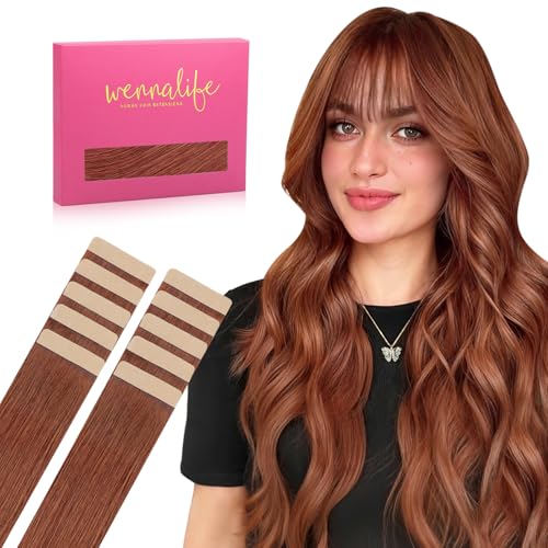 Image of WENNALIFE Tape in Hair Extensions Human Hair Cinnamon Copper Tape in Extensions, 10pcs 25g 16 inch Remy Invisible Tape Ins Straight Colored Soft Real Human Hair Tape in Extensions Refill Set Extens