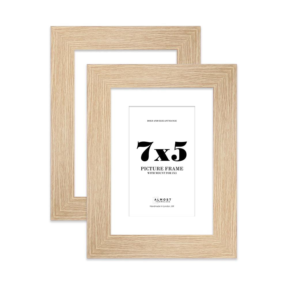 7x5" Oak Frame With Mount for 5x3" Pictures 28mm Edge Portrait and Landscape Display with Wall Hooks and Kickstand, 2 Pack