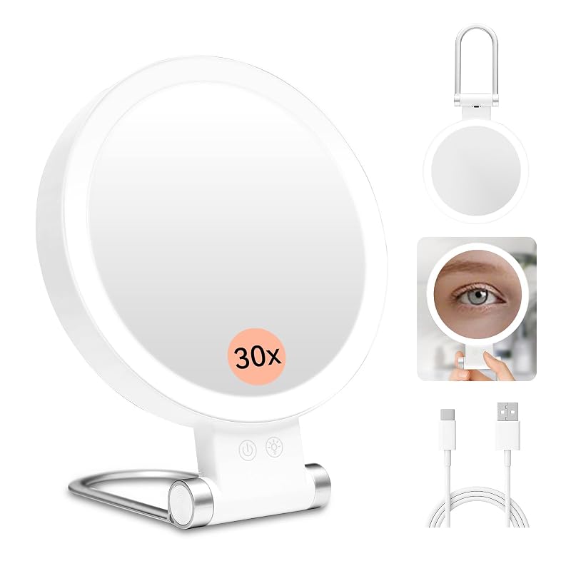 Espelho de maquiagem portátil SANYCASA com luzes, dupla face, ampliação 1X/30X e recarregável