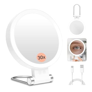 Travel Makeup Mirror with Lights-1/30X Magnifying Rechargeable Double-Sided