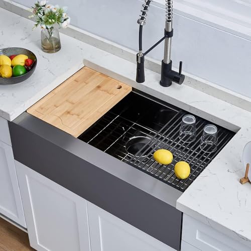 Image of SHACO 33 Inch Black Farmhouse Sink, 33x20 Gunmetal Black 16 Gauge Stainless Steel Single Bowl Workstation Flat Apron Front Farm Kitchen Sink with Cutting Board