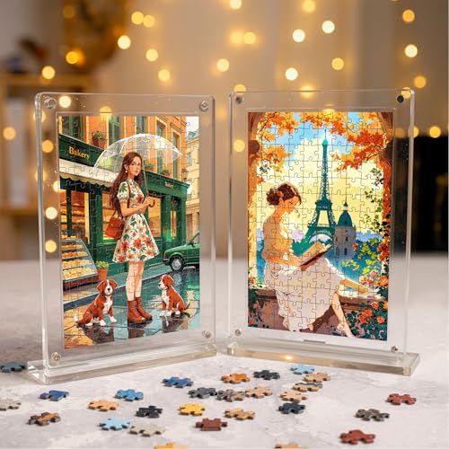 Image of Mini Leaves Parisian Stroll Acrylic Frame Jigsaw Puzzle 140 Pieces | Cafe Street Desk Decor with Display Frame | Premium Gift for Art & Puzzle Lovers
