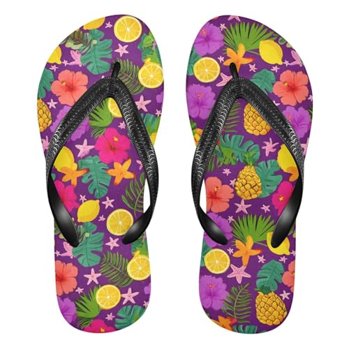 ALAZA Pineapple Tropical Flowers Leaves Flip Flops for Women Fashion Beach Slippers Comfort Mens Flip Flops Non-Slip Rubber Shower Slippers Sandal for Hotel Travel Sport,XS