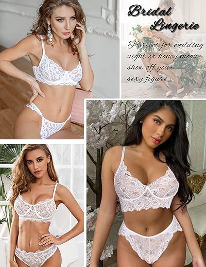 Image of LOURYN KOULYN Women's Lace Lingerie Bra and Panty Set Strappy Babydoll Bodysuit