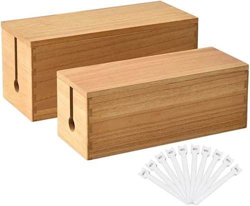 Miniatura 9 de KIRIGEN Caja de gestión de cables, organizador de cables de madera, protector de cables de escritorio para oficina en casa, TV, computadora Marrón