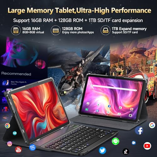 Image of Tablet 11 inch 2025 Android 15 Tablet with Keyboard,128GB ROM 16GB RAM 1TB Expand,Octa-Core Tablets with 5G /2.4G WiFi Model 8000mAh Battery,Incell Big Screen,13MP+8MP Camera,Bluetooth 5.0,GPS