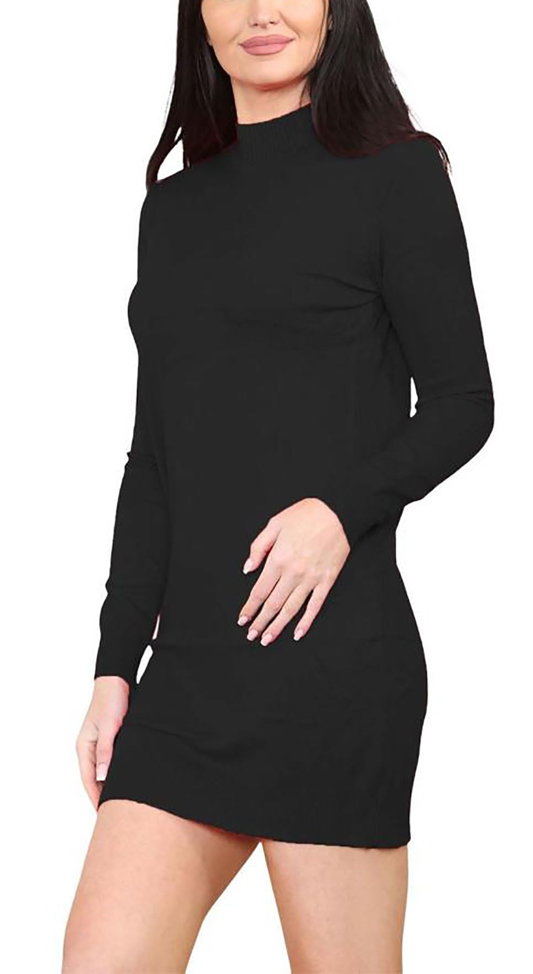 Fairy Trendz Women's Black Winter Polo High Neck Bodycon Long Sweater Dress Top Knitted Turtleneck Long Sleeve Pullover Slim Fitted Tunic Dress Jumper