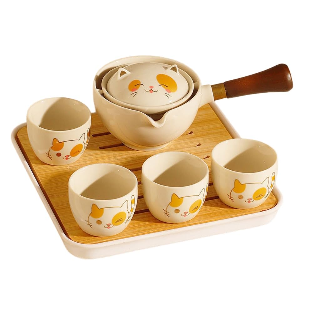 SIzlaho Teapot Tea Cup Set, Cat Tea Set, Teapot with Strainer, Rice Bowl, Tea Base, Gongfu Tea Instrument Set, Tea Set for Guests, Green Tea, Japanese Tea, Taiwan Tea, Gongfu Tea, Craft Tea, Gift : Ho