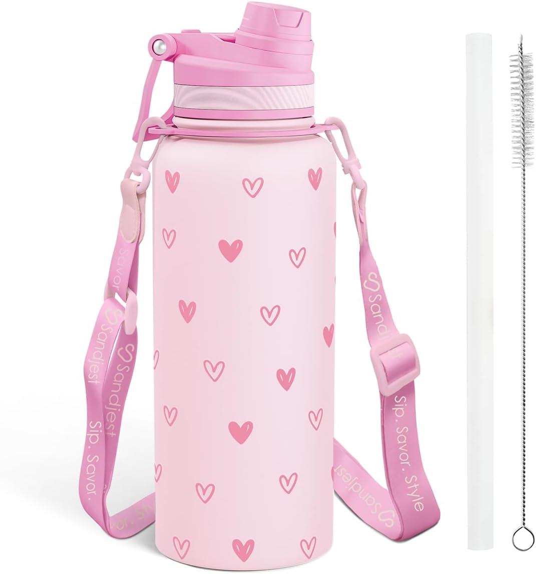 SANDJEST Pink Heart Stainless Steel Water Bottle with Strap 32oz, Insulated Bottles with Straw and Spout Lid for Gym Sports Travel Outdoor, Gifts for Women Girls Birthday Christmas