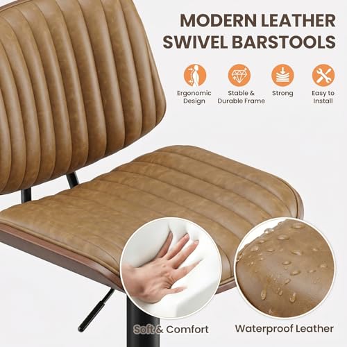 Image of MALOL Bar Stools Set of 4, Adjustable Counter Height Bar Chairs 26 inch-34.5 inch with Swivel & Footrest, Modern Faux Leather Barstools for Kitchen Island, Dining Room,Pub,Brown