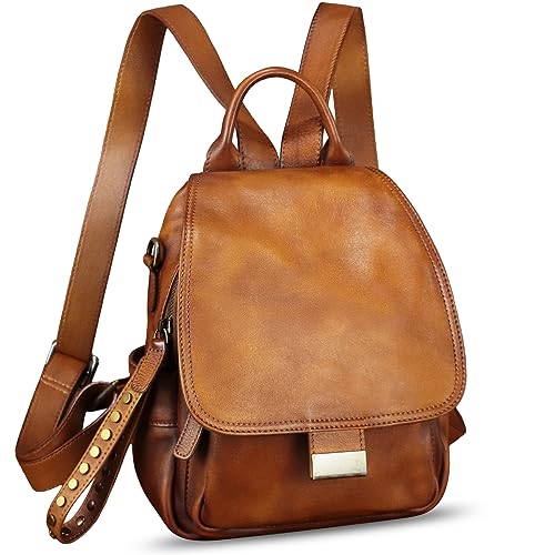 FEIGITOR Genuine Leather Backpack for Women Purse Retro Leather Handmade Rucksack Vintage Knapsack Casual Daypack (Brown)