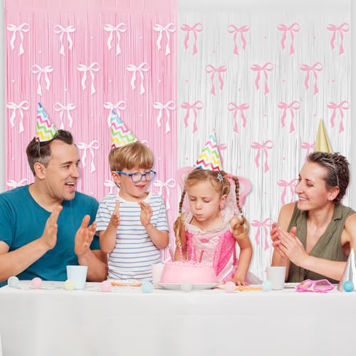 Image of 4 Pack Pink Bow Party Backdrop Decoration Pink Bow Foil Fringe Curtains for Girls Bow Birthday Baby Shower Decorations Bridal Shower Bachelorette Party Decor Supplies 3.2ft X 8.2ft