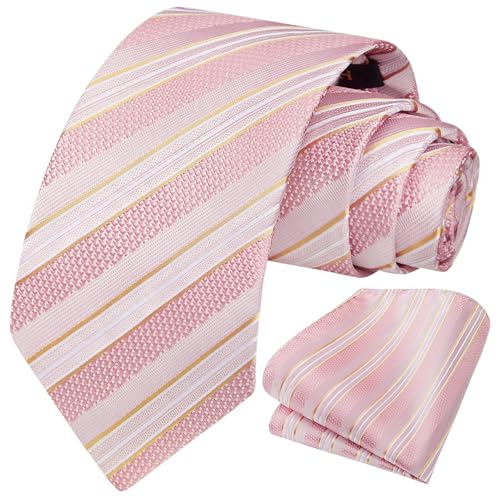 Image of HISDERN Mens Striped Ties Classic Silk Woven Tie and Pocket Square Set Formal Business Necktie Handkerchief for Wedding